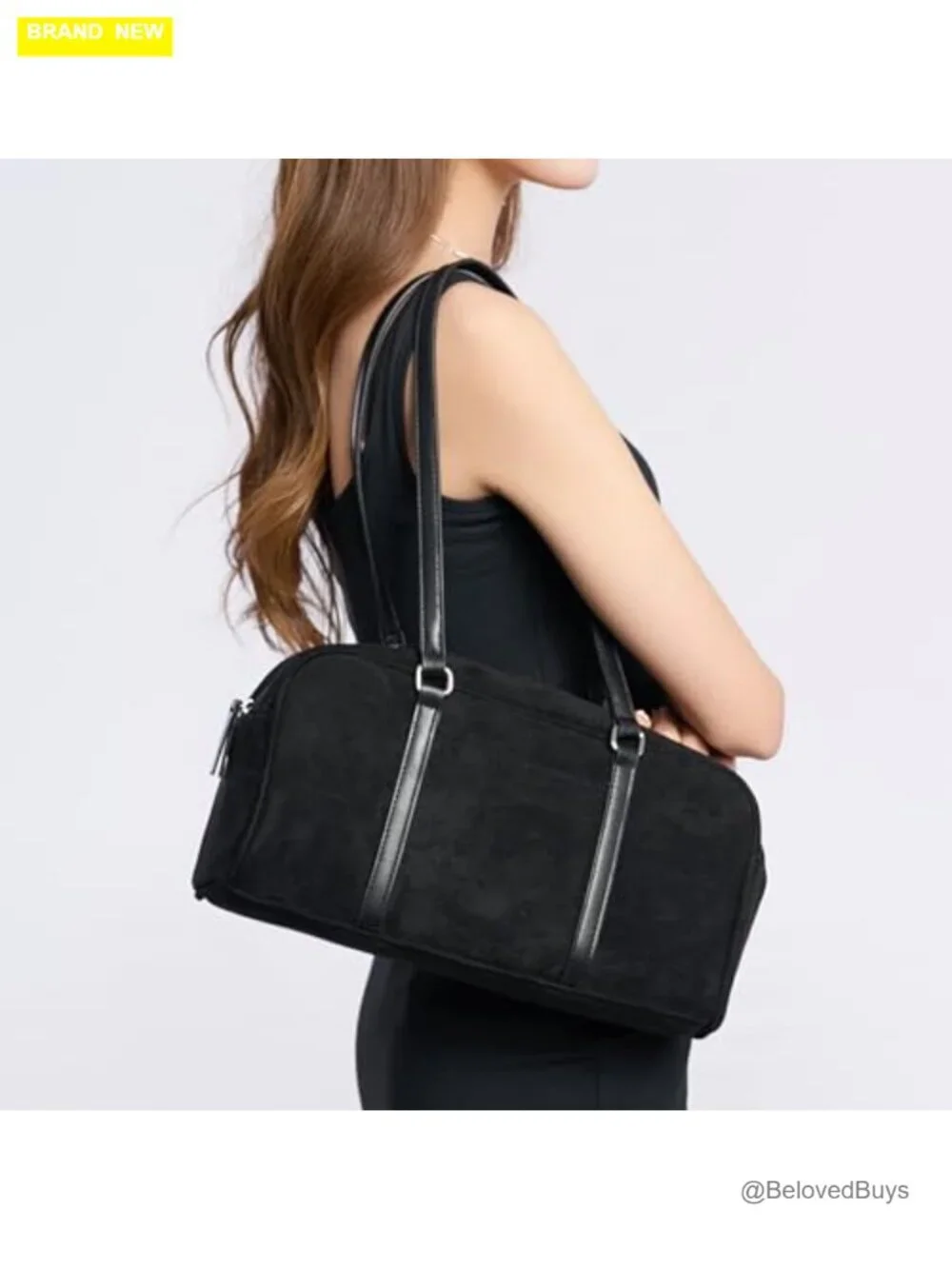 Faux Suede Boston Bowler East West Le Teckel Satchel Swing Shoulder Bag
